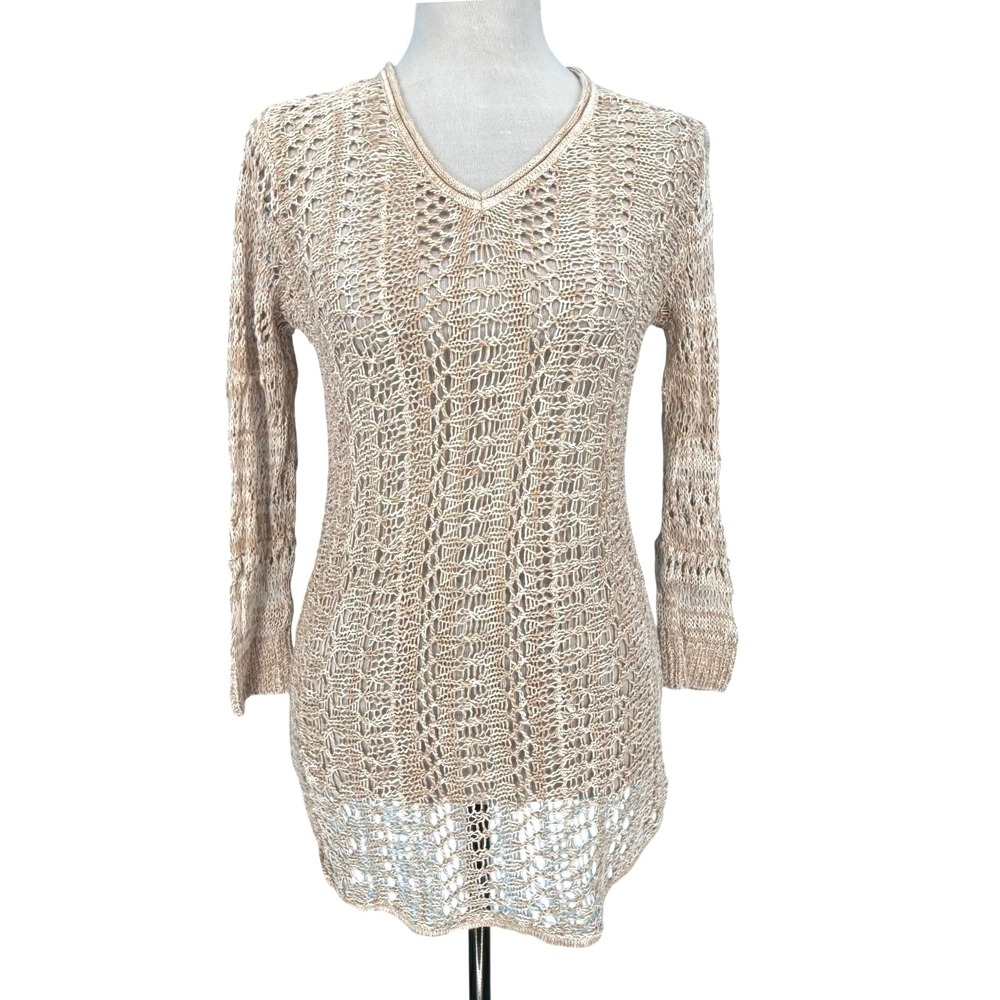 Tommy Bahama Womens Small Tan Open Knit V-Neck Tunic Sweater Long Sleeve
